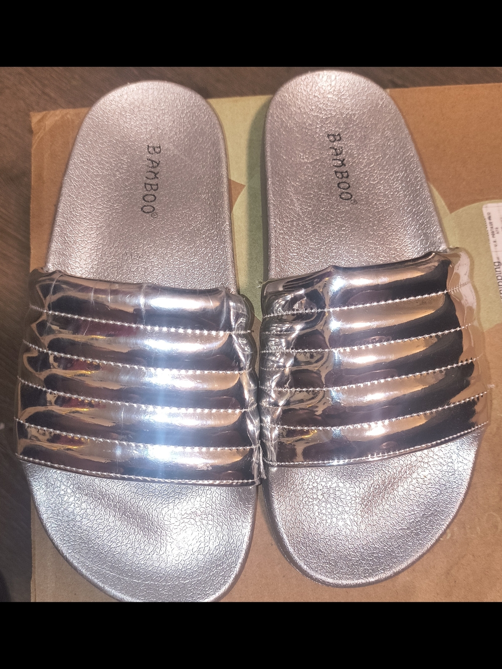 BAMBOO Shiny Silver Women's Slide Sandals